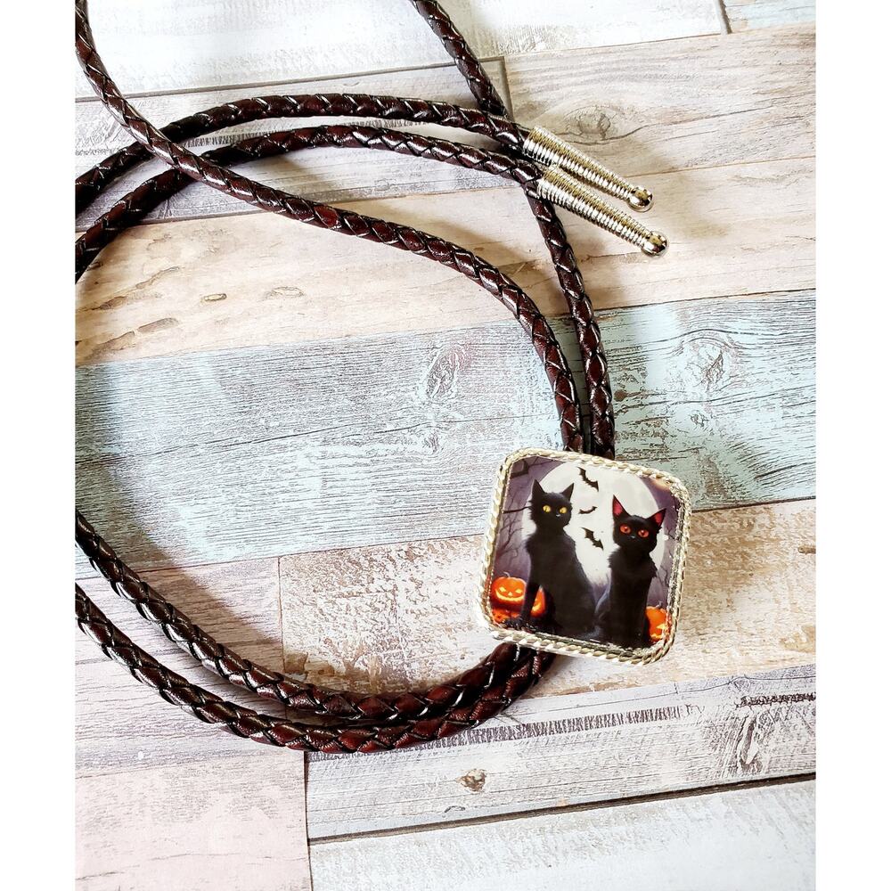 spooky black bolotie concho, goth halloween necklace witch lover black cat